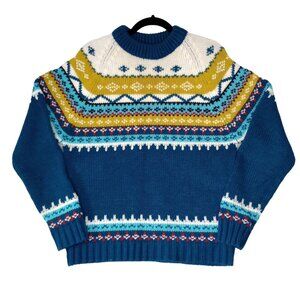Vintage Sweater Nordic Fair Isle Style Knit Acrylic Blue/Yellow/White M